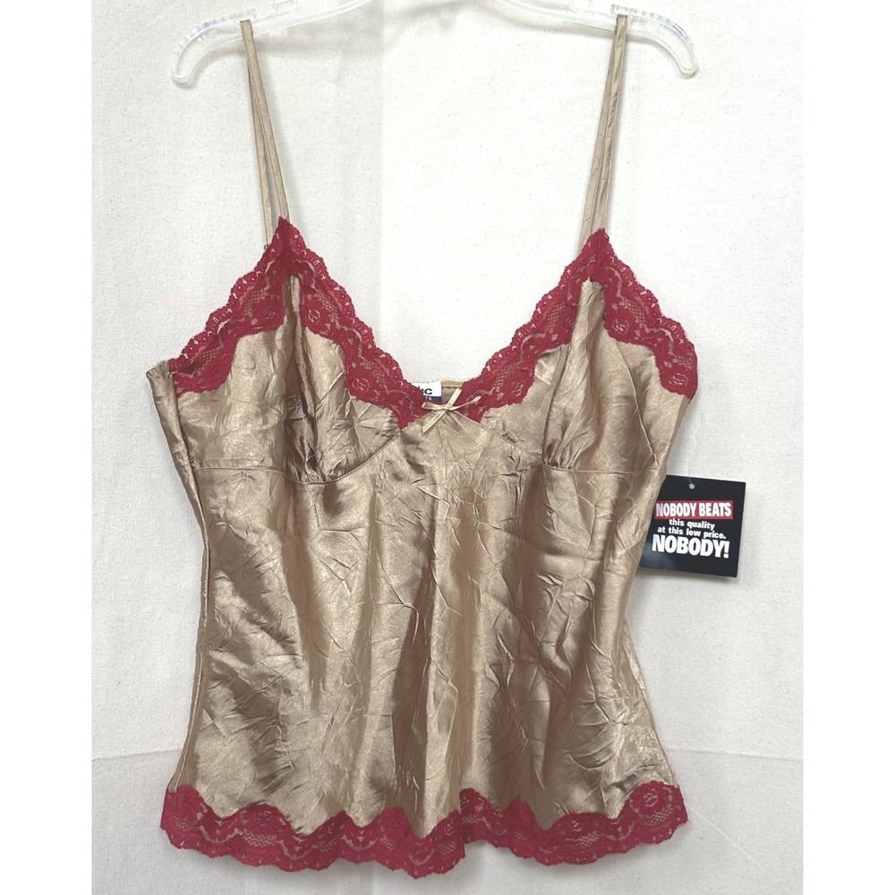 Y2K Babydoll Coquette Basic Concepts Crinkled Gold Satin Lace Trim Cami L NWT